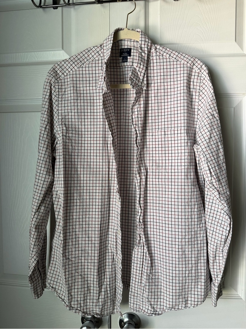 J. Crew White Button-Up Shirt with Red & Navy Windowpane Plaid